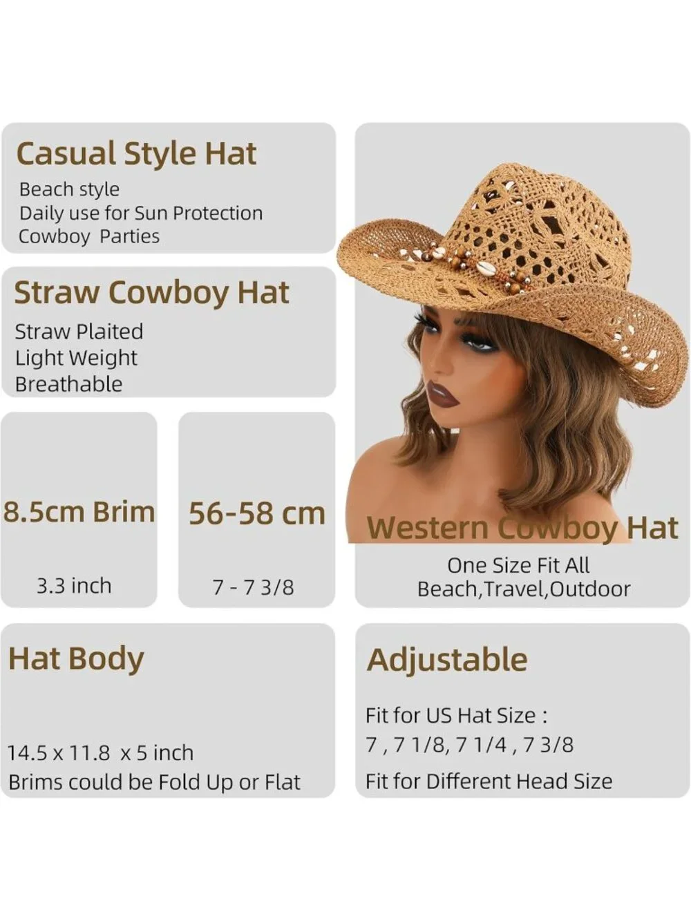 Men's Khaki Straw Adjustable Wide Brim Sun Beach Western Cowgirl Cowboy Hat